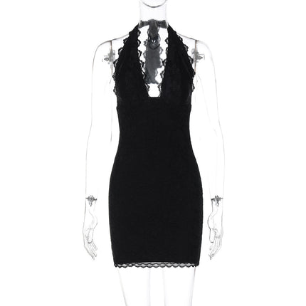 Amazon Short Dress Halter Neck Lace Trim Backless Low-Cut Pure Desire Sexy Waist-Cinching Bodycon Dress High-Waisted Hot Girl
