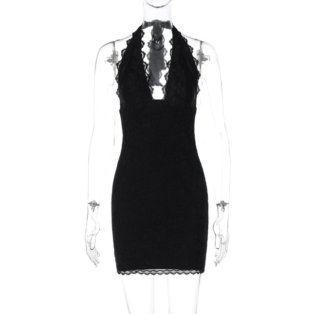 Amazon Short Dress Halter Neck Lace Trim Backless Low-Cut Pure Desire Sexy Waist-Cinching Bodycon Dress High-Waisted Hot Girl