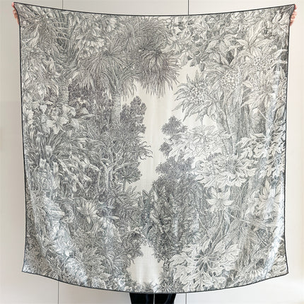 High-End Silk Wool Scarf for Women, Botanical Garden, Elegant and Warm Silk Wool Large Square Scarf, Air-Conditioned Room Warm Large Shawl