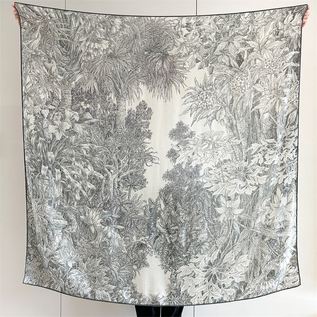 High-End Silk Wool Scarf for Women, Botanical Garden, Elegant and Warm Silk Wool Large Square Scarf, Air-Conditioned Room Warm Large Shawl