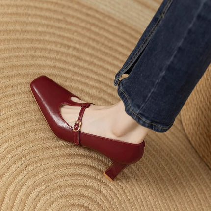 Spring and Summer New Retro Mid-high Heel Bride Wedding Shoes wine red Soft Leather Square Toe Shallow Thick Heel Mary Jane Single-layer Shoes for Women