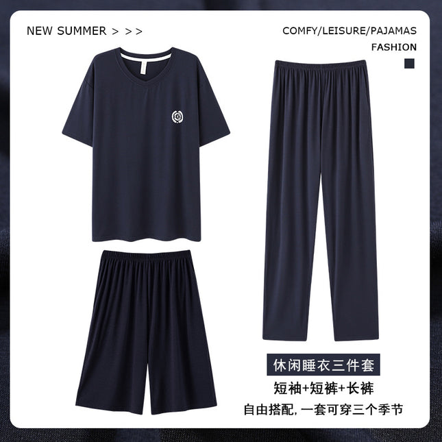 Summer Men's Pajamas Three-Piece Set Short-Sleeved Trousers Home Clothes Modal Shorts Casual Loose Plus Size Set