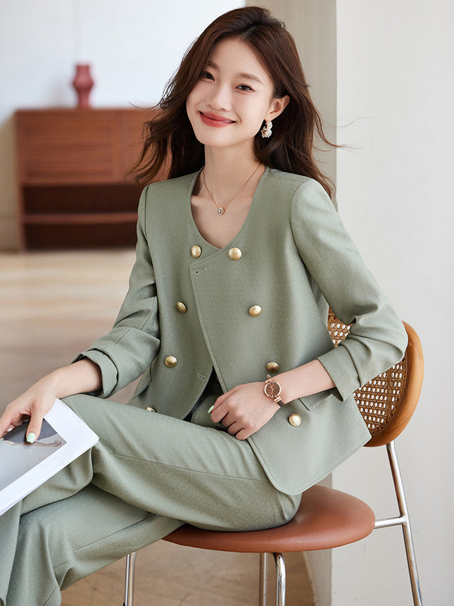 Xiao Xiang style wide leg pants suit 2024 autumn new pea green fashion commuter versatile stylish women's suit tide