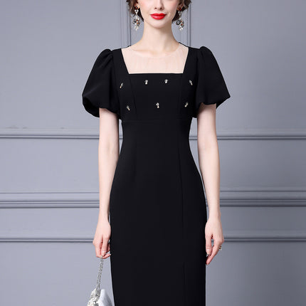 Zhili French-Style Feminine Dress 2026 Summer Handmade Rhinestone Puff Sleeves Side Slit Bodycon Dress That Enhances the Figure
