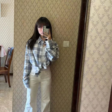 Korean Style Plaid Retro Long-sleeved Shirt Women's Spring and Autumn New Scrub Sunscreen Shirt Lazy Style French Top Coat