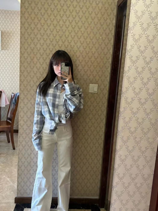 Korean Style Plaid Retro Long-sleeved Shirt Women's Spring and Autumn New Scrub Sunscreen Shirt Lazy Style French Top Coat