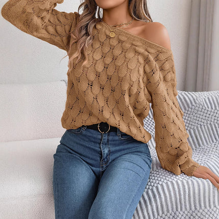 Clearance Hot-Selling Autumn and Winter Casual Feather Hollow-Out Off-Shoulder Lantern Sleeve Sweater Independent Cross-Border Women's Fashion