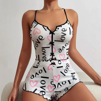 2024 Amazon AliExpress New Product Heart-shaped Printed Contrast Home Clothes Front Split Sling Pajamas suit