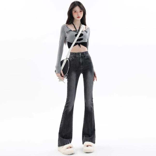 American-style Retro Smoke Gray Micro-lar Jeans Women's Trendy All-match New High Waist Slim-fit Horseshoe Flared Pants