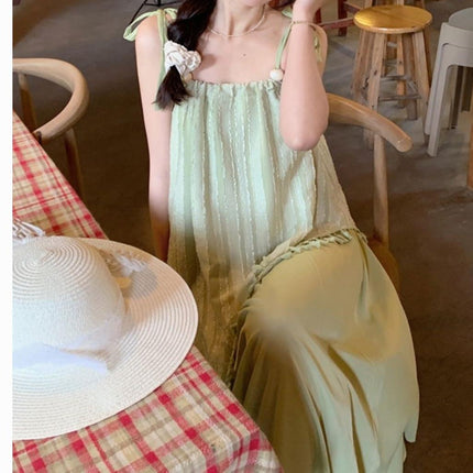 Seaside Resort Style Suspender Dress for Women Summer Small Fresh Green Tassel Splicing Fake Two-piece Elegant Long Skirt