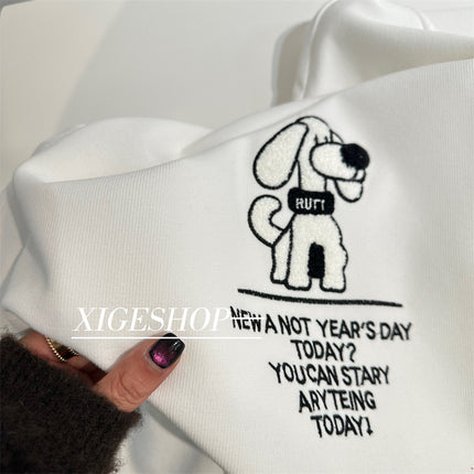 Cartoon Puppy Towel Velvet Embroidered Short-sleeved T-shirt Women's Loose All-match Slimming Casual Shape Crewneck Top for Early Spring