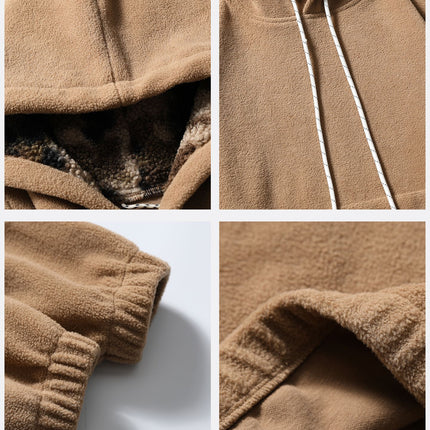 Black Fleet American Casual Style Unisex Versatile Hooded Warm Top Couple Style Hiking Fleece Solid Color Sweatshirt