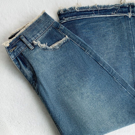 Pear-shaped figure recommend Korean style new retro frayed Denim skirt women's high waist mid-length A- line skirt small