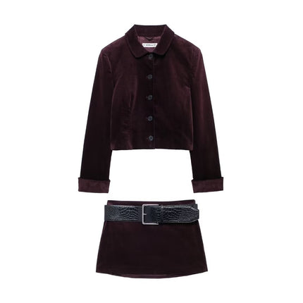 Autumn 2024 Amazon Fashion Women's Velvet Blazer with Belt Low Waist Mini Skirt Cross Border Batch