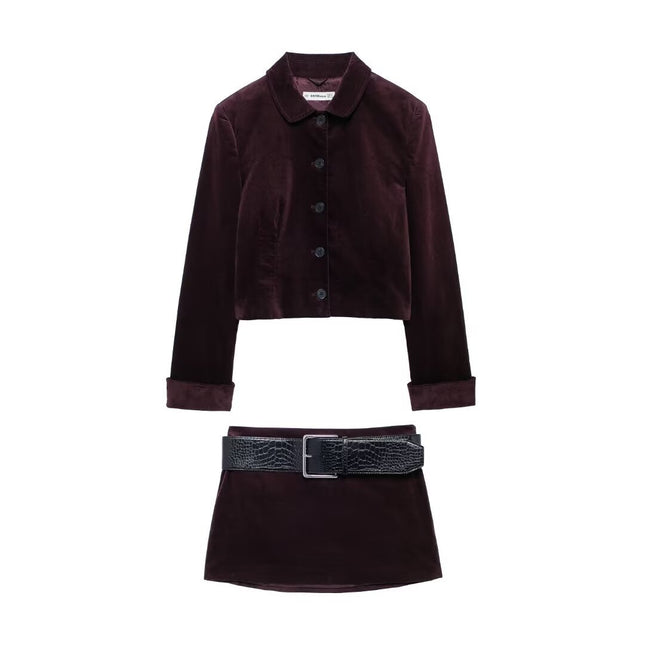 Autumn 2024 Amazon Fashion Women's Velvet Blazer with Belt Low Waist Mini Skirt Cross Border Batch