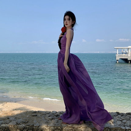 Real shot retro light luxury deep V drawable sexy chiffon suspenders dress famous seaside purple