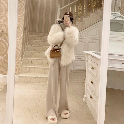 White knitted wide-leg pants women's autumn and winter casual slimming straight draping loose lazy wind mop long pants