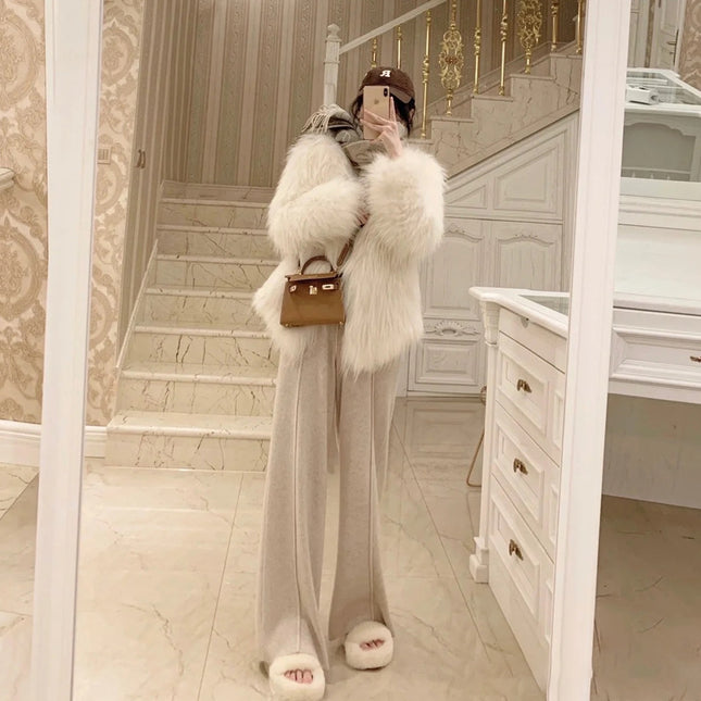 White knitted wide-leg pants women's autumn and winter casual slimming straight draping loose lazy wind mop long pants