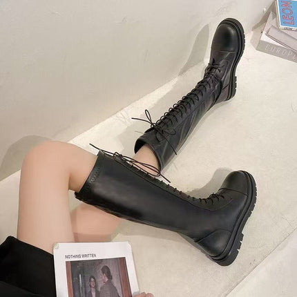 Knight Boots Women's 25 Autumn and Winter New Versatile Elastic Slim Boots Lace-Up High Boots Flats Bottom No-Knee Boots