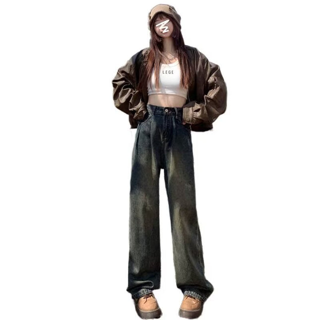 Cement Grey Wide Leg Jeans Women's Autumn 2024 New High Waist Slimming Pleated Straight Mop Maillard Pants