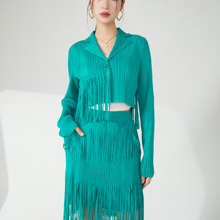 Miyake tassel fashion suit long sleeve coat short skirt women's spring wear a set of small two-piece fashion