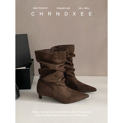 Cowhide Version ~ French Style Kitten Heel Short Boots, Feminine Slimming Look Pointed Toe Pile Boots, Suede Stiletto Slim Boots