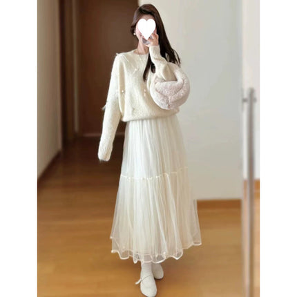 Early autumn salt series light mature high-end wear with a set of wool sweater mesh skirt two-piece suit for women