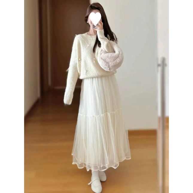 Early autumn salt series light mature high-end wear with a set of wool sweater mesh skirt two-piece suit for women