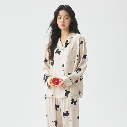 Bow Dog Cartoon Sweet Cute Wind Women's Pajamas Ice Silk Early Spring Comfortable Long Sleeve Home Clothes