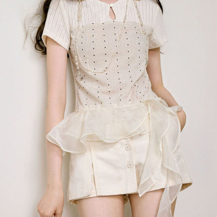 Today's Artist-Designed Original Beige Polka Dot New-Style Bohemian Short-Sleeve Top with Lace and Ribbon