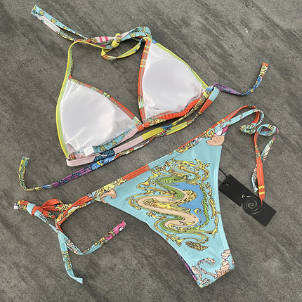 Factory Export Women's Sexy Two-Piece Swimsuit Flower Tooth Split Swimsuit European and American Ethnic Style Printed Bikini