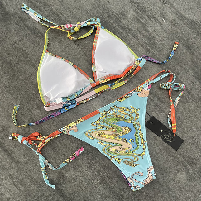 Factory Export Women's Sexy Two-Piece Swimsuit Flower Tooth Split Swimsuit European and American Ethnic Style Printed Bikini