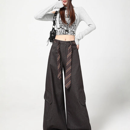 Army Green Silhouette Scimitar Workwear Casual Pants for Women, New Autumn American High Street Loose Drape Wide-Leg Floor-Length Pants