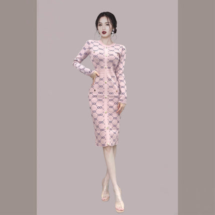 2025 Autumn/Winter Korean and Japanese Style Elegant Long Sleeve Slim Fit Versatile Bodycon Sweater Knit Dress 6241