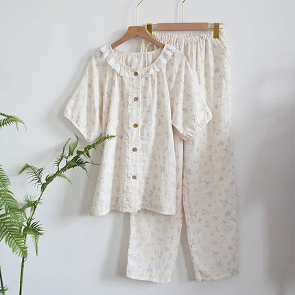 Summer Cotton Short-sleeved Shorts Double-layer Yarn Crewneck Lic Collar Women's Pajamas Home Wear Soft and Sweet Outer Wear