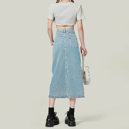 Split Denim Skirt Women's 2025 All-match New Arrival light blue A- Line Skirt Small Slimming Mid-length Hip Skirt