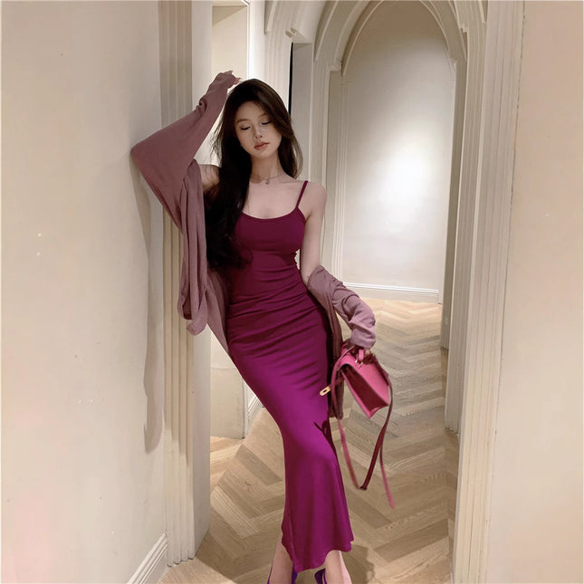 Pure Lust Hot Girl Sexy Pure Color Suspender Dress Tight Waist Knitted Hip Skirt Elegant Niche Mid-Length Skirt