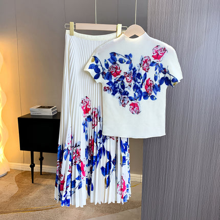 Cross-border T-shirt Women's Summer New High-end Niche Age-reducing suit Pleated All-match Top Loose Slimming Pleated Skirt