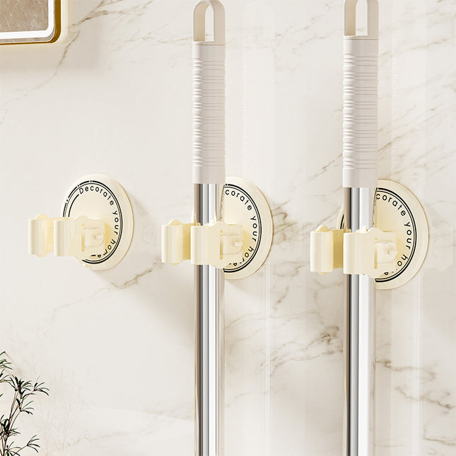 Cream-Colored No-Drill Mop Holder Multifunctional Bathroom Storage Rack Wall-Mounted Water-Draining Mop Organizer