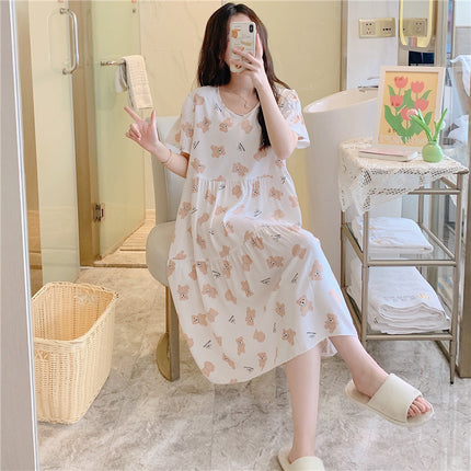 Cotton Silk Nightgown for Women, Summer Thin Short-Sleeved Printed Large Size Nightgown, Pregnant Women Can Wear It Outside, Cool Rayon Home Clothes
