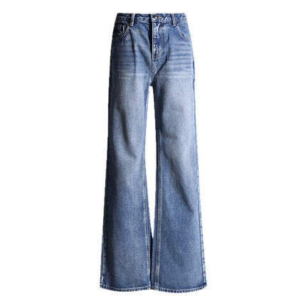 2025 summer new vintage distressed mid-waist straight pants women's loose slimming all-match floor-mopping jeans