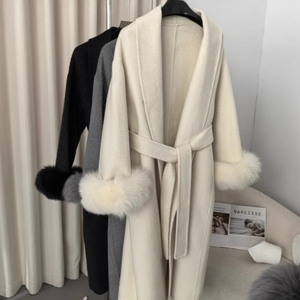 Explosive in stock Autumn and Winter Women's High-end Double-sided Wool Coat Women's Mid-length Removable Real Fox Hair Cuff