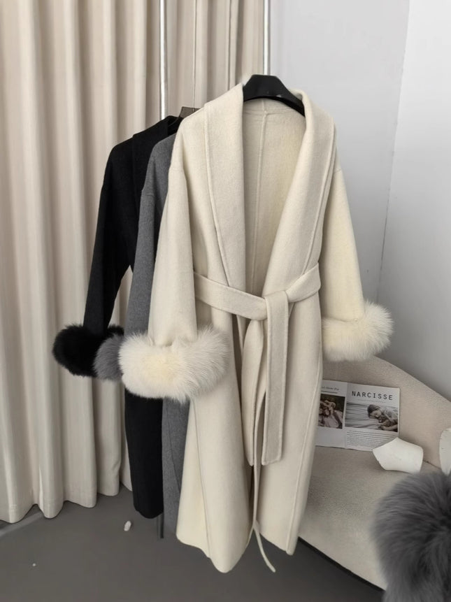 Explosive in stock Autumn and Winter Women's High-end Double-sided Wool Coat Women's Mid-length Removable Real Fox Hair Cuff