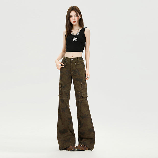American Retro Camouflage High-Waisted Flared Cargo Pants for Women, Spring and Autumn New Slim-Fit Drapey Casual Bell-Bottom Pants for Women