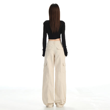 2026 Autumn American Retro Style Adjustable Waist Multi-Pocket Patchwork Design Loose Straight-Leg Casual Pants for Women