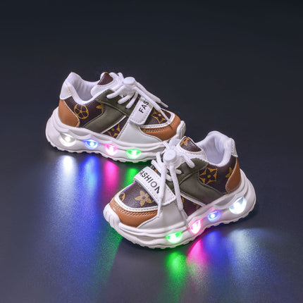 Spring and Autumn New Children's sneaker Leather Pattern LED Luminous Children's Shoes Children's 1-6 Years Old Men's and Women's Casual Shoes Trendy