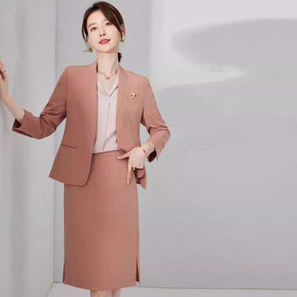 Spring and Autumn New Pink Elegant Goddess Fan Professional Suit Fashion Collarless Broadcasting Host Dress Dress