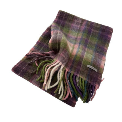 Lavender Purple and Green Wool Blend Plaid Scarf for Women, Winter Korean Style, Versatile and Warm Neck Warmer Trendy