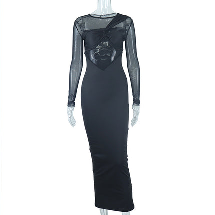 European and American women's wear cross-border foreign trade manufacturers 2022 new round neck mesh stitching long sleeve mid-length tight dress