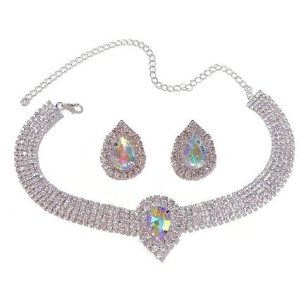 European and American Luxury Multi-layer Rhinestone Geometric Necklace Earrings Colorful Large Water Drop Crystal Necklace Fashion Exaggerated Necklace